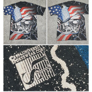 Vtg AOP Wolf Motorcycle American Flag T-Shirt Single Stitch 1994 Black grunge